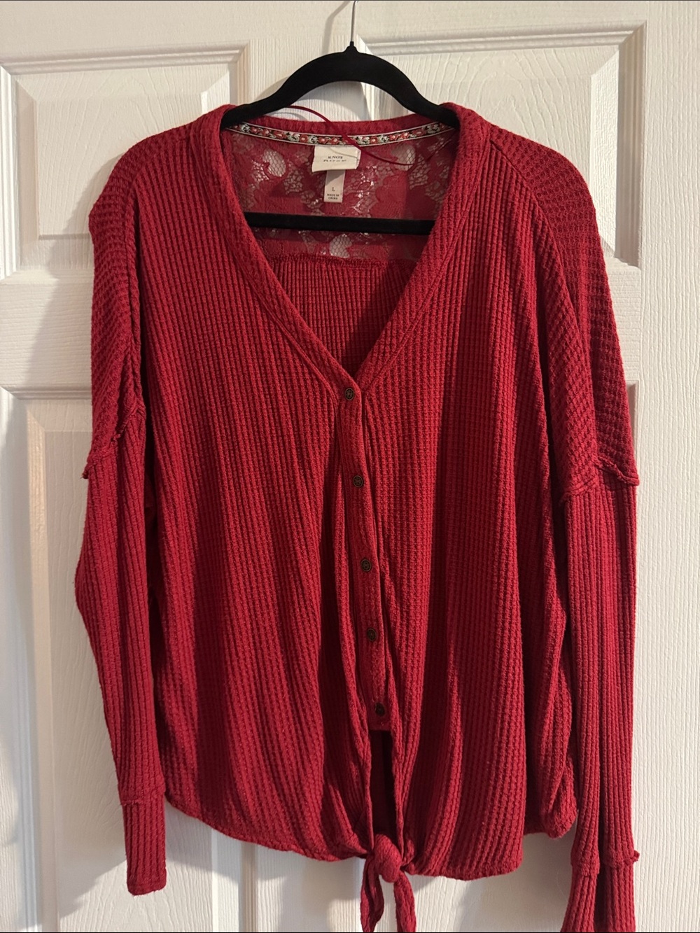 Knox Rose Red Button-Front Waffle Knit Tie-Hem Top